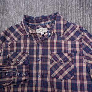 Heritage 1981 Mens Large Western Plaid Snap Button Long Sleeve Shirt Navy Red